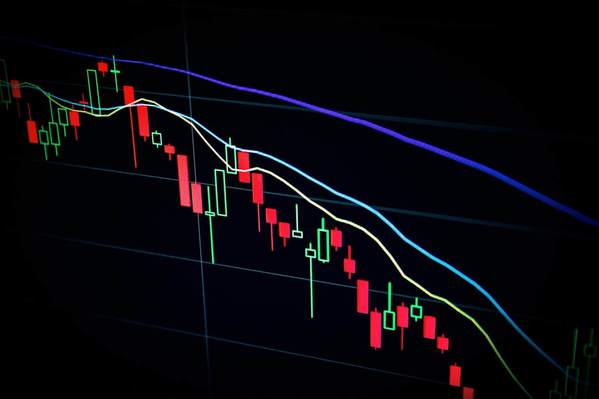 Trading desk with market charts on screen
